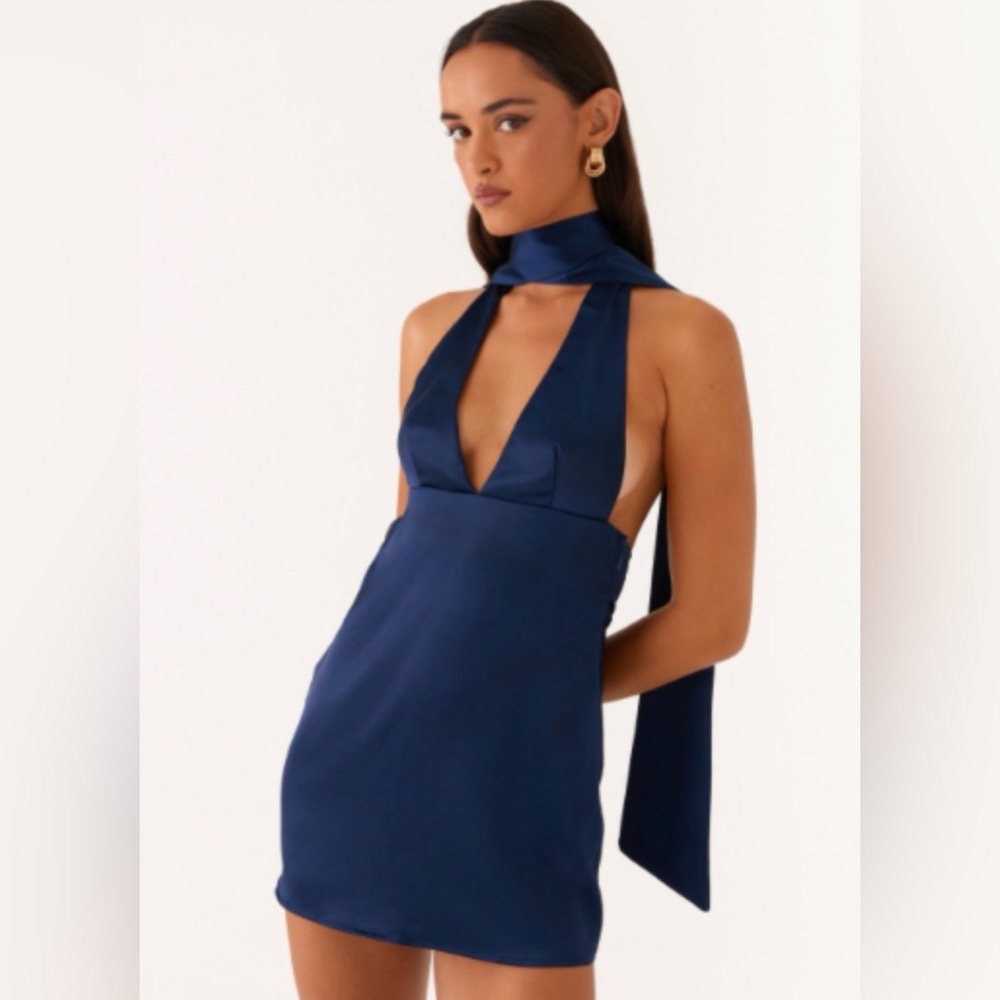 Peppermayo Exclusive
Alicia Satin Halter Mini Dress - Navy size 4